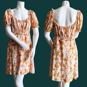 ASTR Floral Daisy Wild Flower Orange Mini Dress Short Puff Sleeve Boho Smock XL